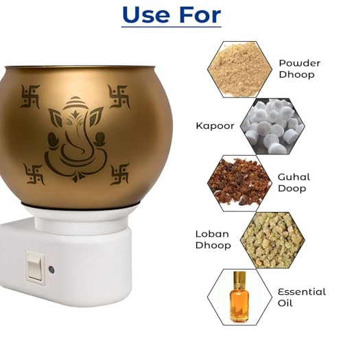 Image of Kapur Dani Camphor Electric Diffuser for Home Fragrance /Kapoor Dani Night Lamp Multi Functional Essential Oil Camphor Burner Diffuser Electrical with On /Off Switch (Ganpati & Swastik)