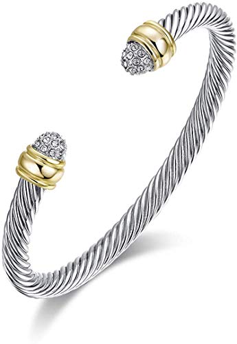 Ofashion Two Tone Cable Bangle Antique Cuff Bracelet with Zircon Inlaid Ends