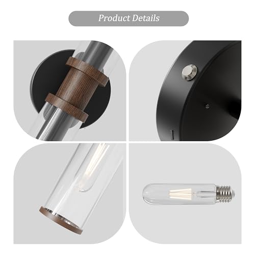 Image of Rayogale Black & Walnut Wireless Battery Operated Wall Sconces with Remote | Glass Rechargeable Wall Lights Set of 2 with Timer Function Dimmable for Living Room Bedroom Emergency 3000K, 20.5 Inch