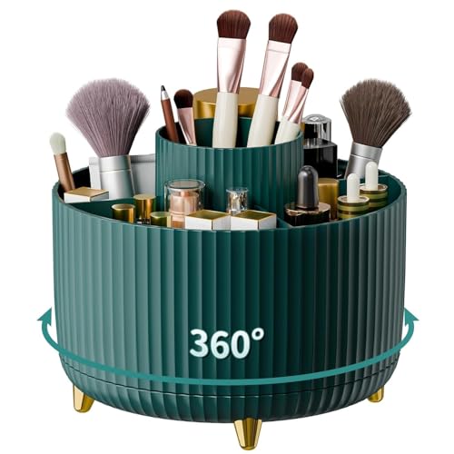 Image of JIALTO 360 Rotating Green Makeup Brush Holder - Cosmetic Organizer for Bathroom or Vanity - Holds Brushes, Skincare, Nail Polish, Art Supplies, and Daily Essentials
