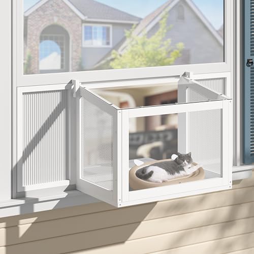 BlueWish Catio Outdoor Cat Enclosure Cat Window Perch with Waterproof Transparent Top Fits Vertical Window Frames 26 to 42 Wide Window Box for Sunbathing Napping & Overlooking