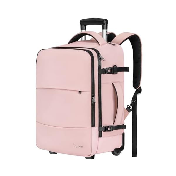 Taygeer Rolling Backpack for women, 17 inch Travel Laptop Backpack with Wheels & Shoe Pouch, Large Wheeled Backpack Carry on Luggage, Overnight College Work Suitcase Bag Roller Backpack Adult, Pink