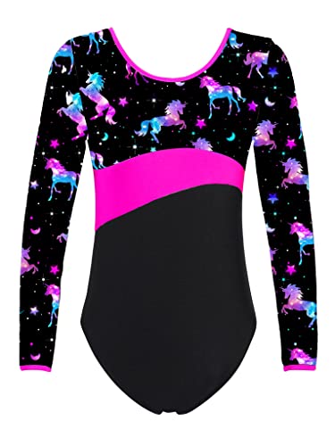 TTAO Justaucorps de Gymnastique Danse Ballet Fille Imprimés Licorne Léotards Manches Longues Combinaison Sport Yoga Bodysuit 3-16 Ans Noir Licorne 3-4 ans Cover