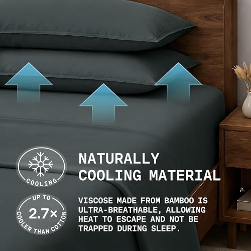 Image of TRUE BAMBOO Sheets Set Queen Size - Silky Soft & Naturally Cooling for Hot Sleepers - Luxe 4 Piece Bed Sheets with Breathable & Moisture-Wicking Fabric - 16 inch Deep Pocket with Corner Straps, Dark Gray