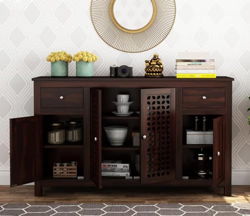 Image of SHIKHA WOOD CRAFT Solid Sheesham Wood Sideboard Cabinet Drawers and Door Storage | Multipurpose Wooden Chest of Drawers Furniture for Bedroom, Living Room, Home, and Office (Walnut Finish-4 Doors)