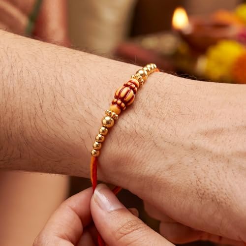 Image of Lucky Jewellery Set of 2 Traditional Gold Beaded Designer Rakhi for Brother with Auspicious Roli Chawal (18-S8R1-PA0213-2)
