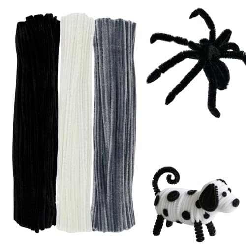 300 PCS Pipe Cleaners, 3 Assorted Colors Chenille Stems, Craft Pipe Cleaners, Pipe Cleaner Craft Supplies for DIY Arts Crafts Project(Black, White and Grey)