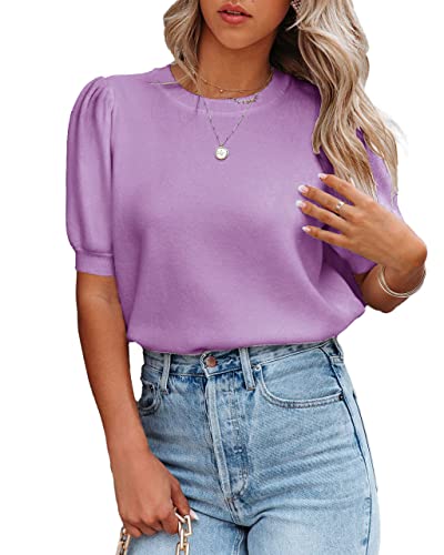 Image of Womens Puff Short Sleeve Sweater Tops Crewneck Basic Knit Pullover Lightweight Casual Sweaters