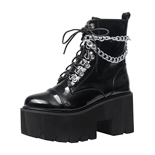 Black Platform Boots for Women with Fashion Chain Chunky Heeled Studded Combat Boots Lace Up and Zipper Goth emo Shoes Cosplay Halloween Ankle Booties for Daughter