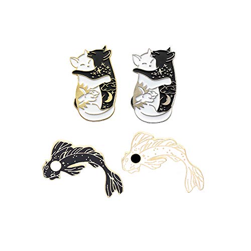 KOOBOOK 4Pcs Cute Yin Yang Koi Fish and Cat Animal Brooch Enamel Pin Collar Lapel Breastpin Corsage Badge