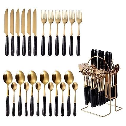 Image of MERISH Spoon Fork & Knife Set - Cutlery Set with Stand - Gold Plated | Stainless Steel - 24 Pcs (Black)