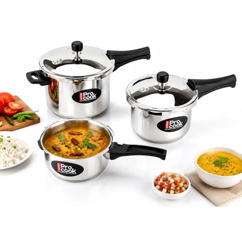 Image of Milton Pro Cook Induction & Gas Stove Friendly Stainless Steel Pressure Cooker Combo Set 2, 3, 5 Litre Capacity | Outer Lid | 3-Layer Sandwich Bottom Cookware Set | ISI Certified & 5 Year Warranty