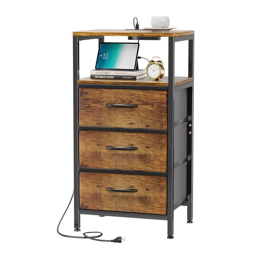 Ekisemio Nightstand with Charging Station, Bedside Table with 3 Fabric Drawers, End Table with USB Ports and Outlets, Night Stand for Bedroom, Rustic Brown