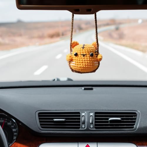 Image of Crochet Swinging Tiger Car Mirror Hanging Accessories, Cute Car Decorations for Women Aesthetic, Handmade Knitted Rearview Mirror Car Accessories Home Office Car Mirror Decor