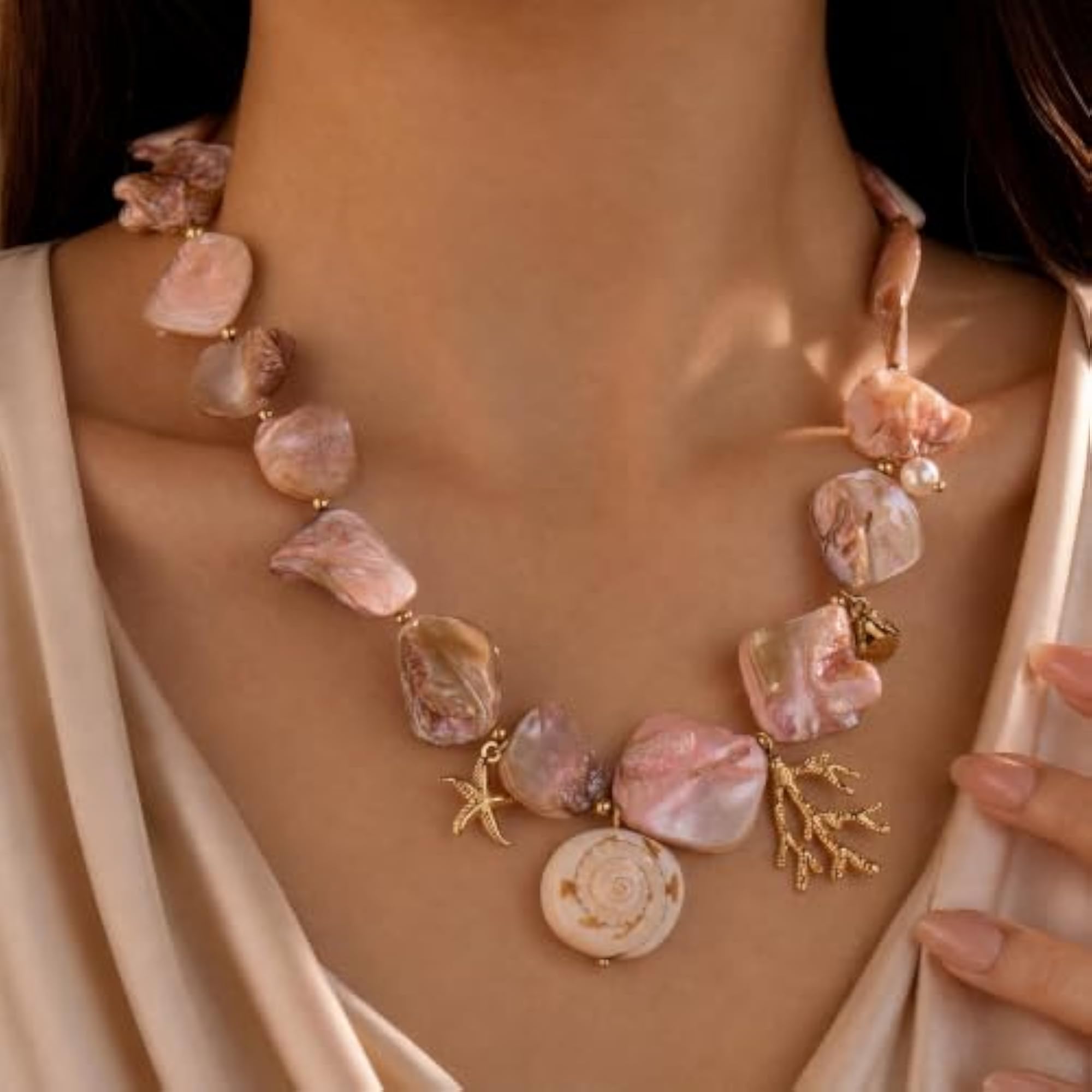 Gold and Pearl Shell Necklace, 18K Gold Plated