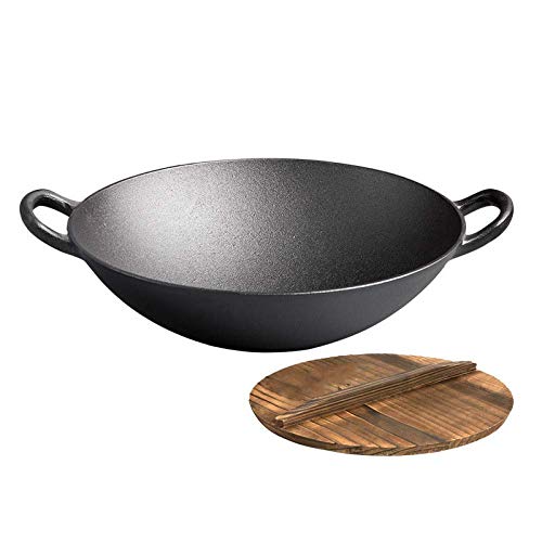 Cast Iron Wok Pan Uncoated Non-Stick Pan Double Ear Round Bottom Cast Iron Cooking Pot Household Manual Durable Thick Cast Iron Pot,Woodencover34cm