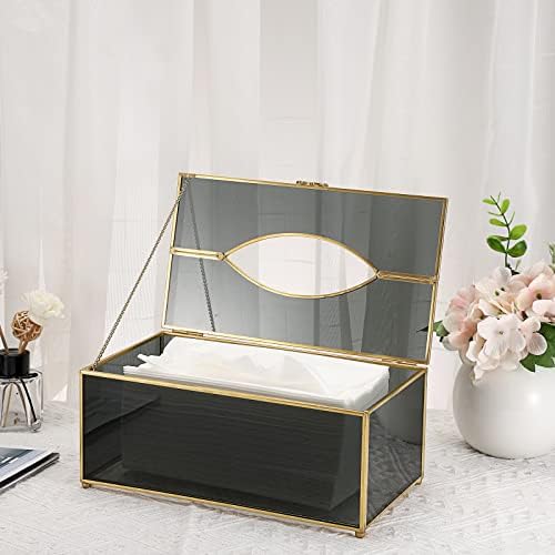 SUMNACON Gold Clear Black Glass Facial Tissue Box Paper Cover, Rectangle Glass Napkin Box Holder with Lid for Bathroom, Bedroom, Home Decoration, Office