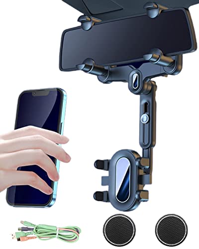 Soporte para espejo retrovisor para teléfono móvil, soporte retrovisor para teléfono móvil, giro de 360°, retráctil, universal, soporte para teléfono móvil, con cable de carga USB para todos Cover