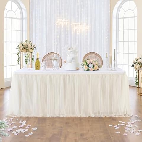 167in Ivory Tulle Table Skirts for Rectangle Tables 6/8ft, 2 Layer Gold Grim Ruffle Cream Tulle Tutu Table Skirt 14ft Decor Wedding Birthday Party Baby Shower Cake Dessert Tables(No Table Cover) Cover