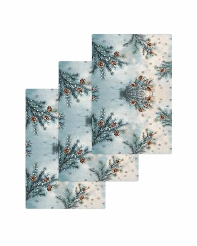 Hokiten Blue Christmas Waffle Kitchen Towels Dishcloths, Xmas Botanical Pine Cones Absorbent Dish Towels | Hand Towels for Bathroom/Bar, 16 x 24 Inch, 3 Pcs
