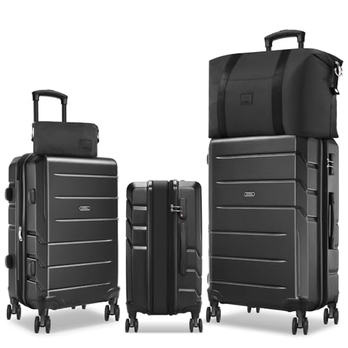 Image of Hoteel Luggage Sets 5 Piece, 4-Yr Warranty, PC+ABS Hard Shell Expandable Suitcases with Wheels, TSA Aproved Lock and Carry on Bags, Travel Suit Case Set for Men and Women(5-Piece, Black)