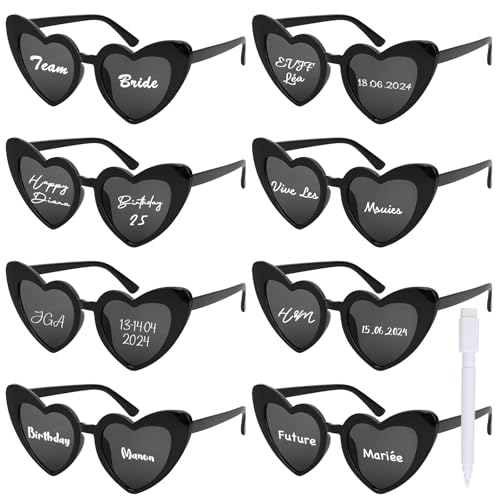 BOOMTOP 8pcs Lunettes de Soleil Cœur Lunette d'Amour avec Marqueur Blanc Décoration DIY Accessoires de Fête Mariage EVJF En Plein Air Shopping Courses pour Femmes Hommes Unisex (cœur-noir)