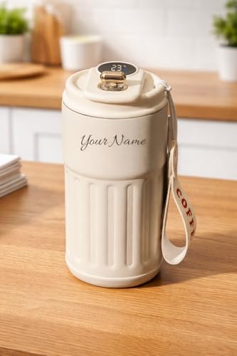 Image of SKDBPM Personalized Stainless Steel Tumbler with Handle, 1200ml Capacity, Black Insulated Travel Mug with Straw, Custom Name Design (Coffee Custom White)