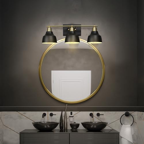 Image of Globe Electric 63000204 5-Piece All-in-One Bathroom Accessory Set, 3-Light Vanity Light, Matte Black & Brass, Towel Bar, Robe Hook, Toilet Paper Holder, Towel Ring, Bath, Bathroom Lights Over Mirror