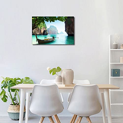 Canvas Wall Art Phuket Thailand Modern Artwork Beach Boat Wallpaper Natural Landscape Painting Prints for Living Room Bathroom Office Home Decorations 16x24inch (40x60cm) - Image 2