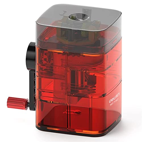 Image of oddpod Manual Desktop Pencil Sharpener for Table top with Visible Rotary Hand Crank & Auto Feed Transparent Mechanism for Sharp Pointed Pencils - Neon Red (No Table Attachment Model)