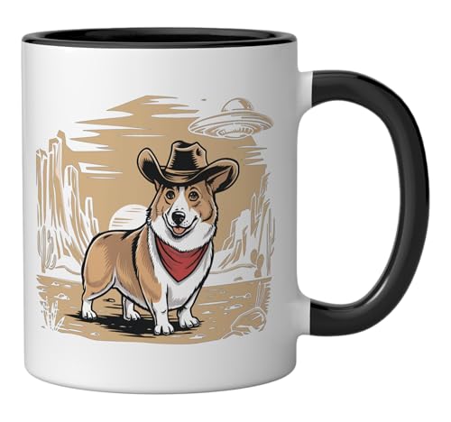 Taza de cerámica Corgi UFO Cowboy negro y blanco miniatura 2
