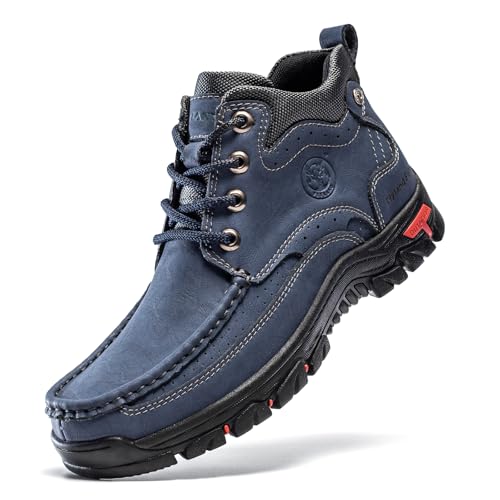 FLYLAND Mens Casual Boots Vintage Leather Ankle Dress Boot Chukka Boots Mid Top Non-Slip Driving Walking Shoes Blue 8.5