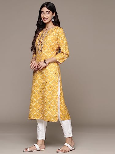 Image of ishin Women's Silk Ethnic Motifs Mustard Straight Kurta