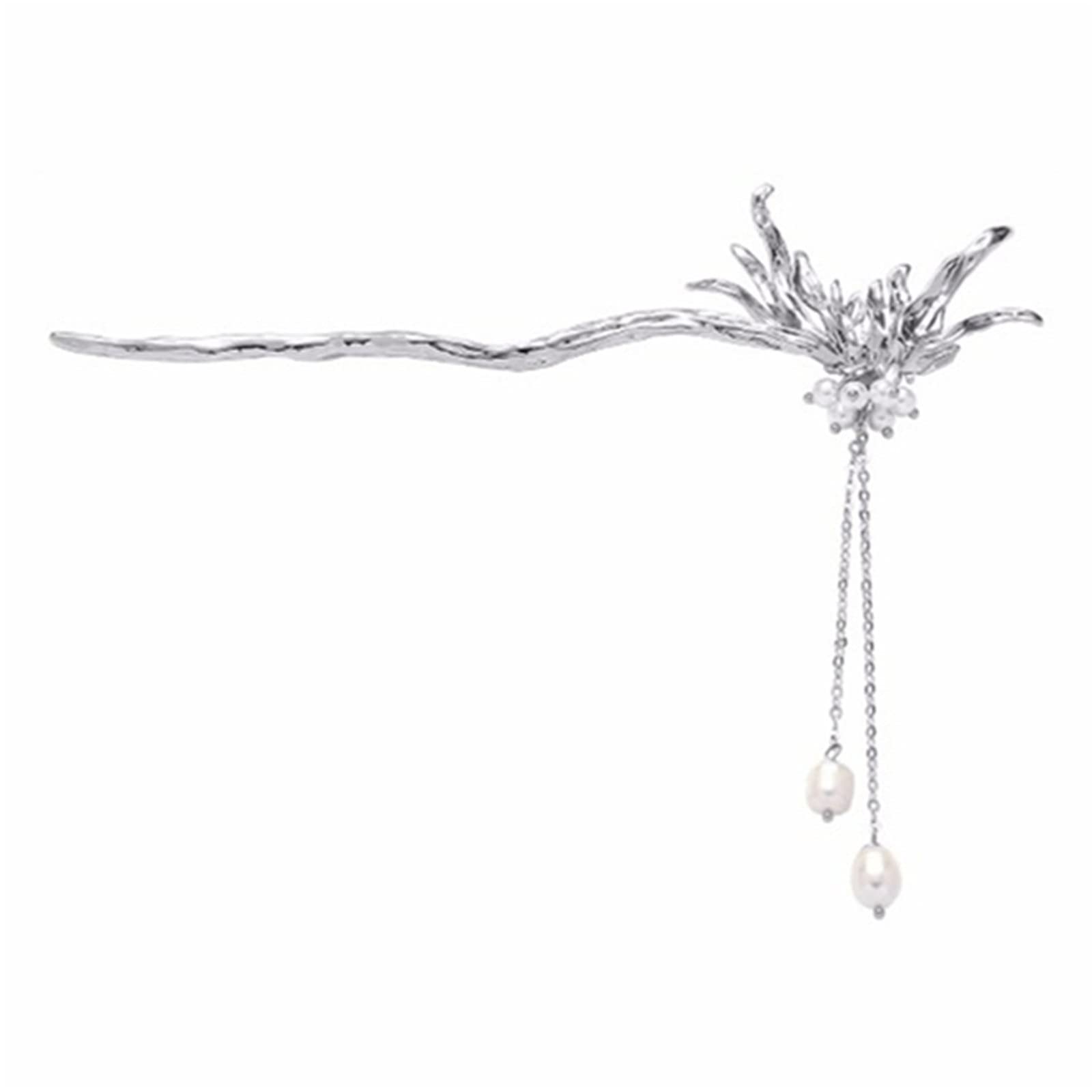 Bastoncino per Capelli da Donna Bastone for capelli a passo di fiore vintage con forcina Cosplay in metallo nappa perle per L'uso Quotidiano(Silver)