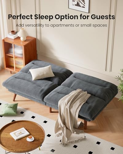 Image of Amada 66 inch Convertible Futon Sofa Bed, Corduroy Folding Futon Set with Adjustable Backrest &Armrests, Recliner Lounge for Living Room, Apartment or Office, Solid Wood Frame, Loveseat Sofa - Grey