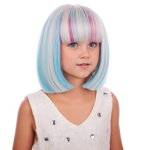 Image of PATTNIUM Kids Blonde Blue Mixed Pink Wig with Bangs Girls Short Colorful Wig Women Rainbow Bob Wigs Synthetic Party Costume Cosplay Halloween Wigs