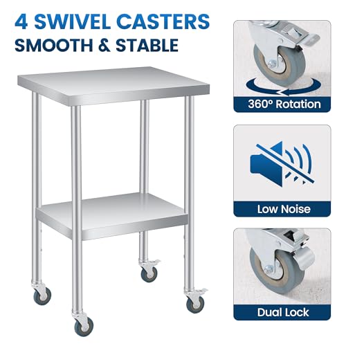 Stainless Steel Table, 18" x 24" Prep Workstation, 1000 LBS, NSF Commercial Work Table with Adjustable Undershelf and Lockable Casters, for Restaurant, Home, Kitchen, Hotel, Outdoor