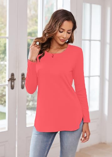 Image of Herou Women's Casual Long /Short Sleeve T Shirt Crewneck with Side Split Fall Pullover Loose Tunic Sweater Tops