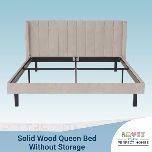 Image of Wooden Modern Upholstered Queen Size Bed for Bedroom | Wooden Double Bed Without Storage | Platform Cot Upholstered Bed with Upholstery Fabric | Engineered Wood | 6.5 x 5 Ft | Beige-A