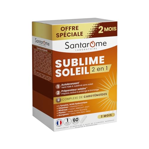 Santarome Bio - Sublime Soleil 2 en 1 - Autobronzant & Préparateur Solaire - Complément alimentaire solaire - Caroténoïdes & Plantes - Offre spéciale 2 mois - 60 gélules - France