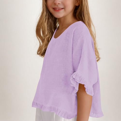 Girls Cotton Linen Summer Tops Ruffle Elbow Sleeve Blouse Oversized T-Shirt Elegant Blouse Crewneck Tees Cute T-Shirt3