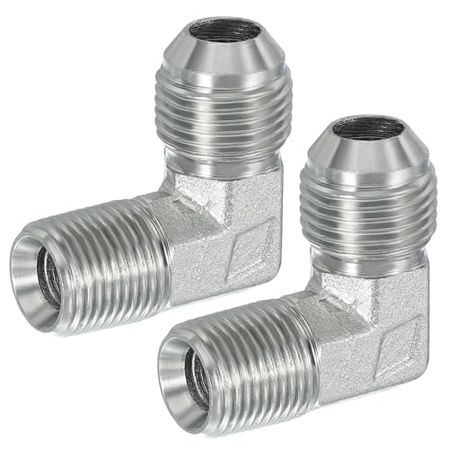 Image of PATIKIL 90 Degree Pipe Adapter, 2 Pcs 3 /4 inch Male 37 Flare JIC x 3 /8 inch BSPT Male Connector Carbon Steel Elbow Fitting for Air Hydraulic Fluid Fuel Water Oil, Silver