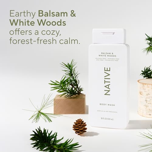 Image of Native Clean Body Wash, Gentle & pH-balanced for Sensitive Skin, 24-Hr Freshness for Men & Women, Vegan & Cruelty-Free, Free of Sulfates & Parabens, Balsam & White Woods, 18 fl oz