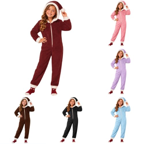 Kids Christmas Santa Hat Hooded Onesie Cozy Fleece Jumpsuit Outfit Girls - image 1