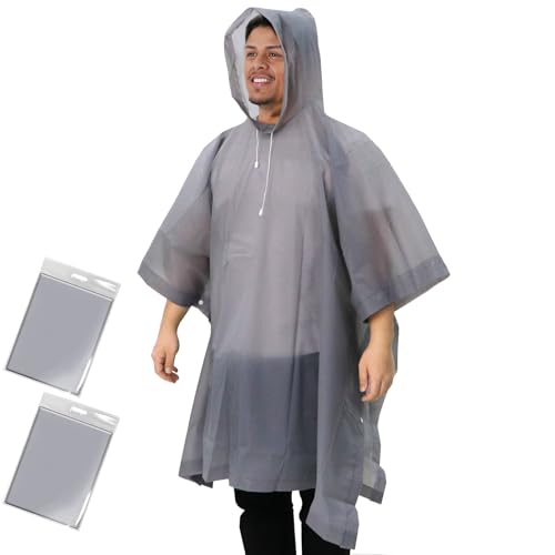 ANYOO Poncho de lluvia impermeable para adultos, paquete de 2 capas de lluvia reutilizables de PEVA con capucha con cordón para festivales, camping, senderismo, viajes, talla única, gris, Altoa única