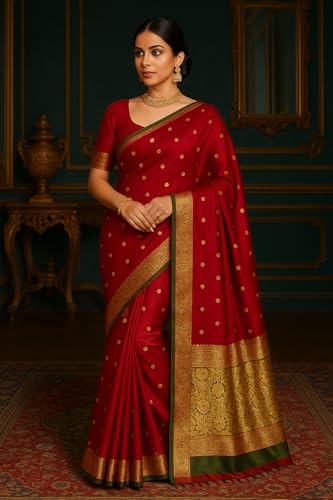 Image of Women's Glory Womens Kanjivaram Banarasi Silk Saree Blend Woven Zari with Jacquard Woven Unstitched Blouse Piece. (Pista Red)