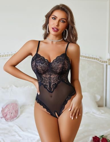 Avidlove Sexy Lingerie for Women One Piece Teddy V Neck Bodysuit Black - image 2