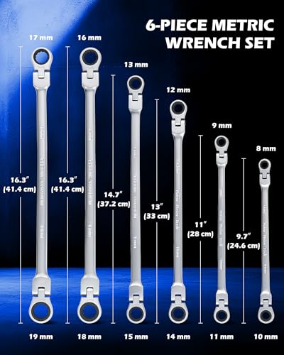 Image of OMT 6Pc Metric Extra Long Flex-Head Ratcheting Wrench Set, 8-19mm Range | Durable 40CrV Steel Build; 72-Tooth Gearing; 180 Rotating Flex-Head; 12-Point Design; High-Torque Performance For Mechanics
