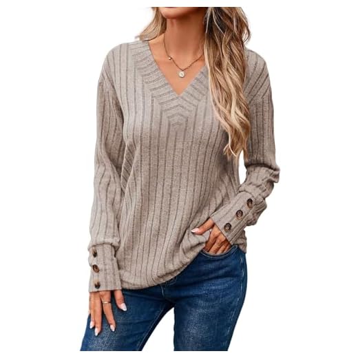 Dokotoo Blusa feminina de manga comprida e gola V, lisa, casual, decorativa, botões, tricotada, pulôver, túnica, tops, A - pergaminho, GG