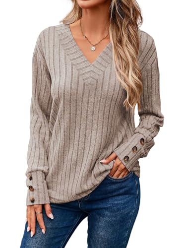 Dokotoo Womens Soft Long Sleeve V Neck Shirts Solid Casual Decorative Buttons Knitted Pullover Tunic Tops
